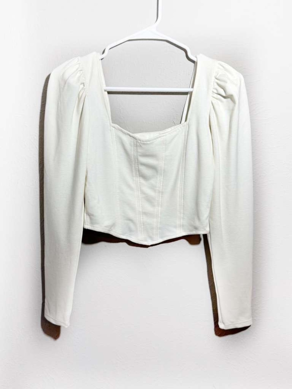 H&M Cropped Long Sleeve Puff Shoulder White Top Corset Boning Look